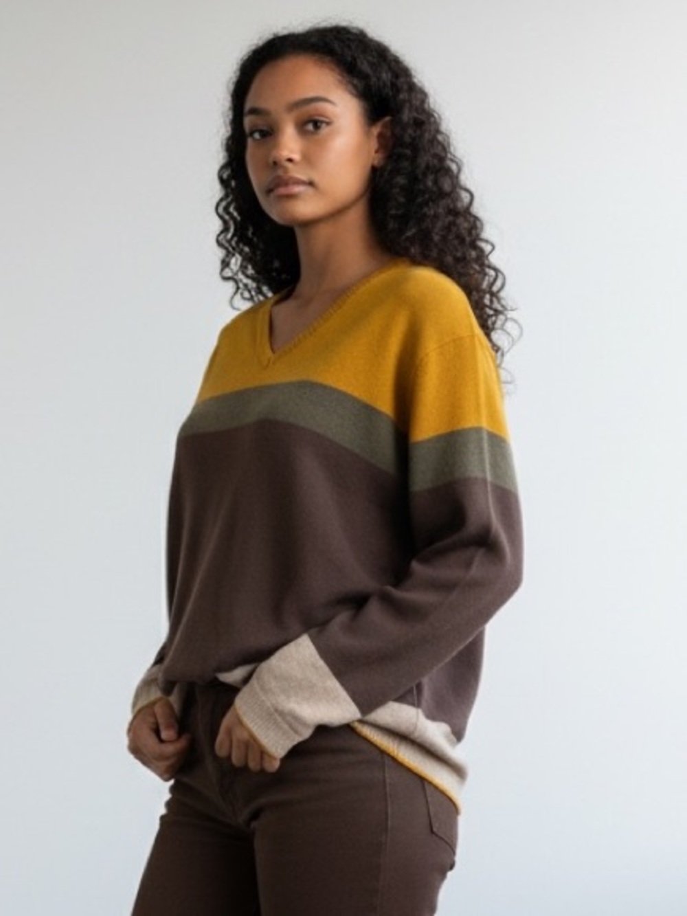 Park Avenue, Women’s Merino Wool V-Neck Sweater in Mustard, Olive & Charcoal